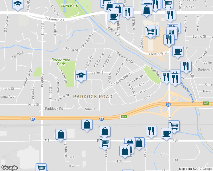 map of restaurants, bars, coffee shops, grocery stores, and more near 3616 Cornhusker Drive in Omaha