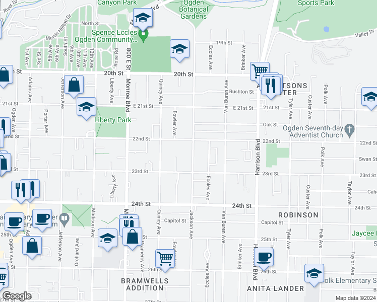 map of restaurants, bars, coffee shops, grocery stores, and more near 2229 Jackson Avenue in Ogden