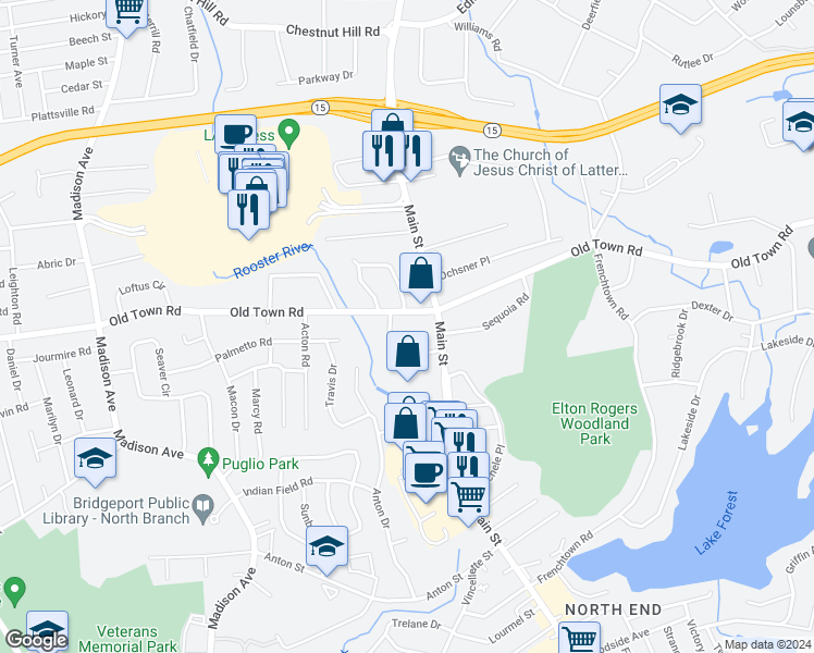 map of restaurants, bars, coffee shops, grocery stores, and more near 118 Minturn Place in Bridgeport