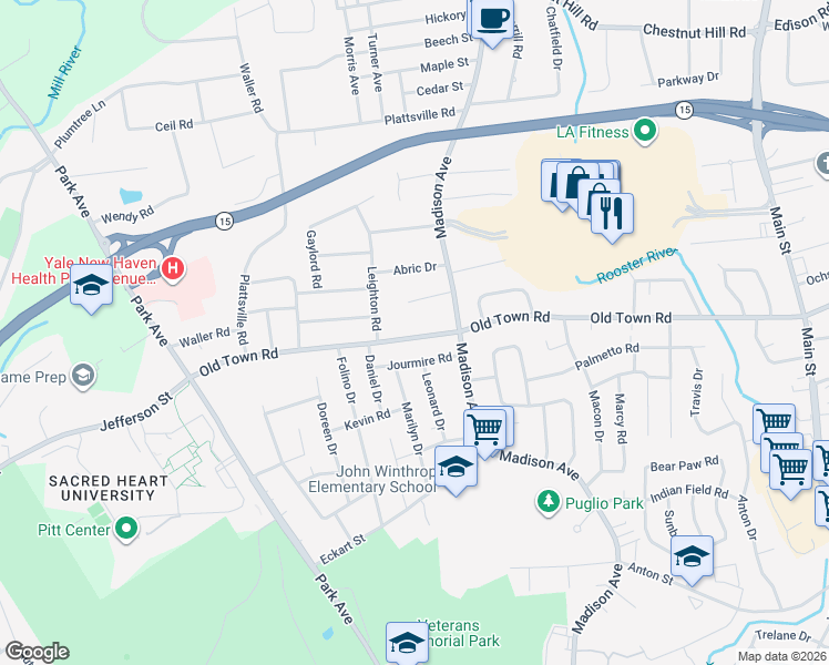 map of restaurants, bars, coffee shops, grocery stores, and more near 3432 Old Town Road in Bridgeport
