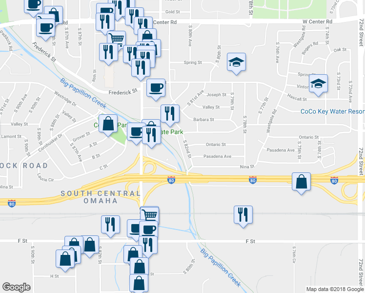 map of restaurants, bars, coffee shops, grocery stores, and more near 3603 South 82nd Street in Omaha