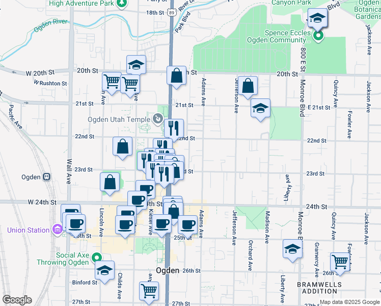 map of restaurants, bars, coffee shops, grocery stores, and more near 2238 Ogden Avenue in Ogden