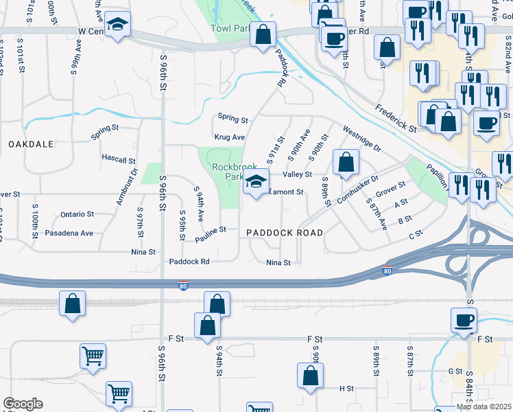 map of restaurants, bars, coffee shops, grocery stores, and more near 3535 Paddock Road in Omaha