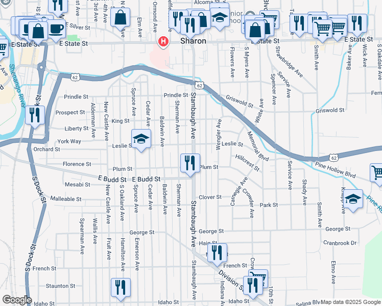 map of restaurants, bars, coffee shops, grocery stores, and more near 506 Stambaugh Avenue in Sharon