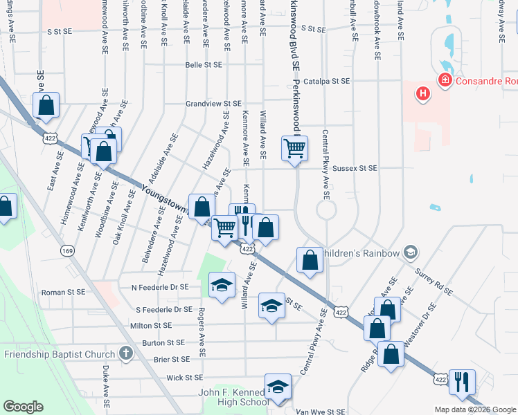 map of restaurants, bars, coffee shops, grocery stores, and more near 1120 Willard Avenue Southeast in Warren