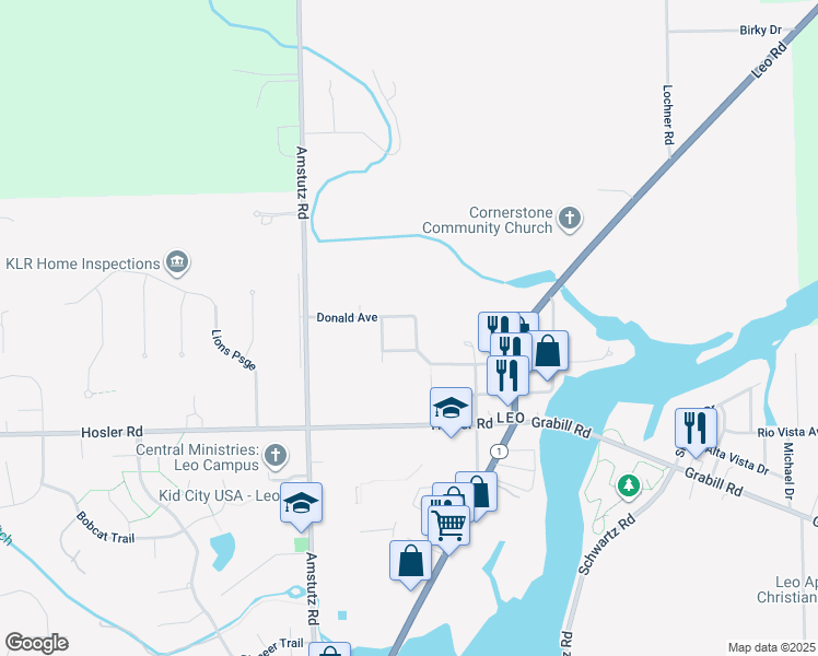 map of restaurants, bars, coffee shops, grocery stores, and more near 15215 Beulah Drive in Leo-Cedarville