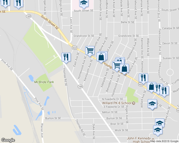 map of restaurants, bars, coffee shops, grocery stores, and more near 1141 Kenilworth Avenue Southeast in Warren