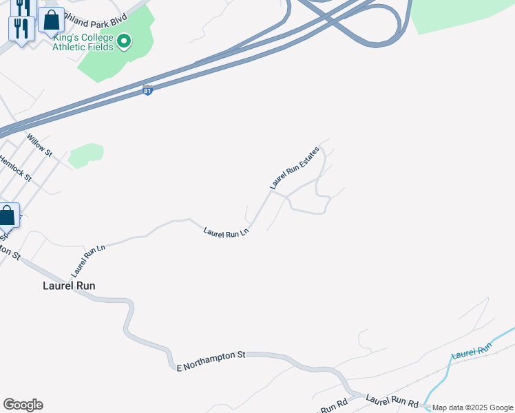map of restaurants, bars, coffee shops, grocery stores, and more near 107 Laurel Run Lane in Laurel Run