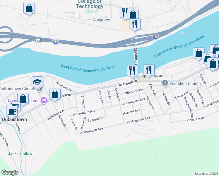 map of restaurants, bars, coffee shops, grocery stores, and more near 2201-2299 Riverside Drive in South Williamsport