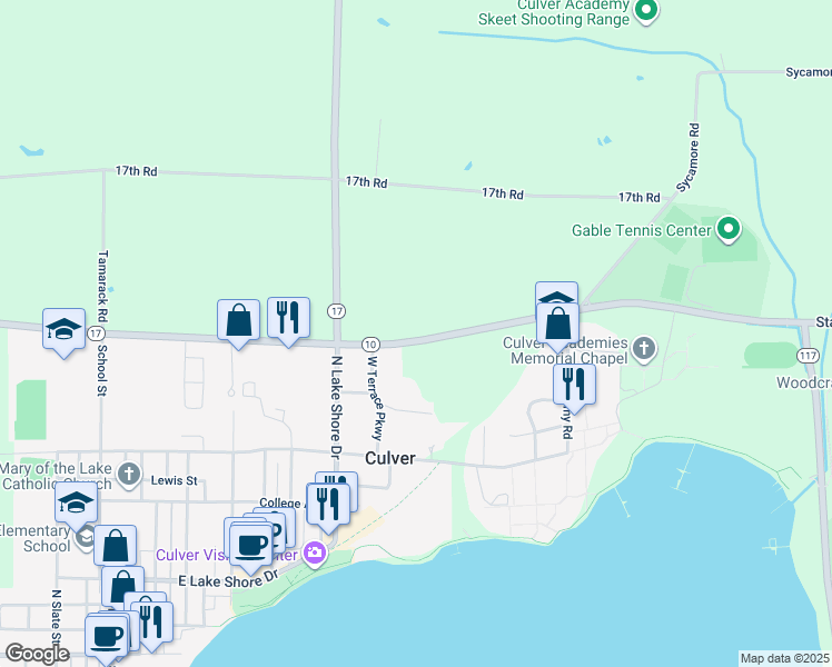 map of restaurants, bars, coffee shops, grocery stores, and more near 18280 State Road 10 in Culver