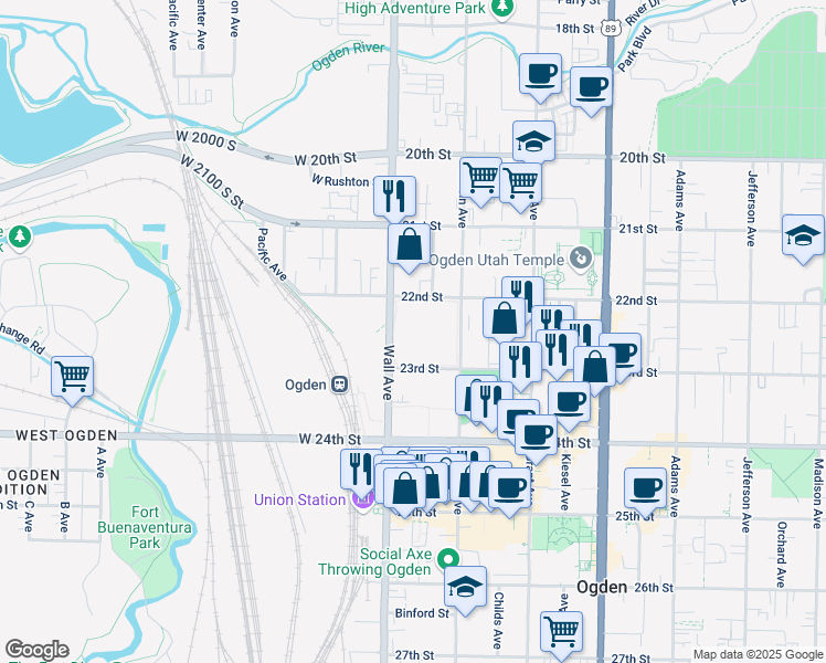 map of restaurants, bars, coffee shops, grocery stores, and more near 2262 Wall Avenue in Ogden