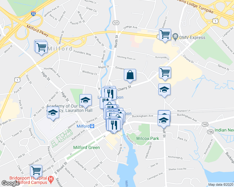 map of restaurants, bars, coffee shops, grocery stores, and more near 85 Prospect St in Milford