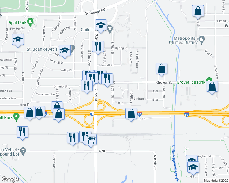 map of restaurants, bars, coffee shops, grocery stores, and more near 3531 South 70th Street in Omaha