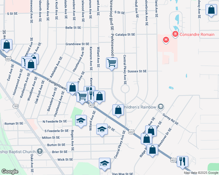 map of restaurants, bars, coffee shops, grocery stores, and more near 1116 Perkinswood Boulevard Southeast in Warren