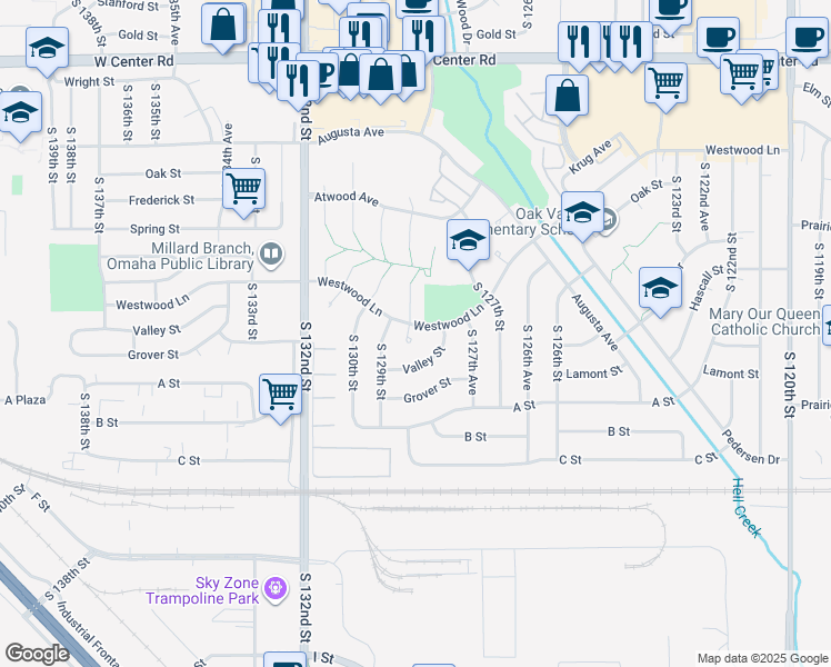 map of restaurants, bars, coffee shops, grocery stores, and more near 12821 Westwood Lane in Omaha