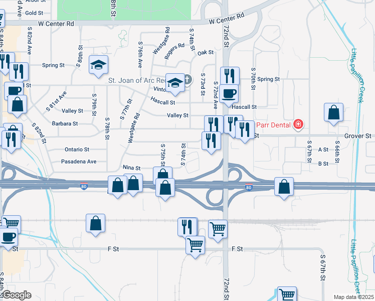 map of restaurants, bars, coffee shops, grocery stores, and more near 7325 Ontario Street in Omaha