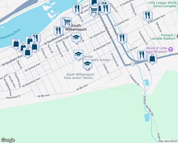 map of restaurants, bars, coffee shops, grocery stores, and more near 700 Percy Street in South Williamsport