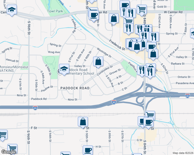 map of restaurants, bars, coffee shops, grocery stores, and more near 3507 Cornhusker Drive in Omaha