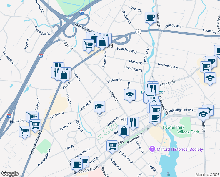 map of restaurants, bars, coffee shops, grocery stores, and more near 265 High Street in Milford