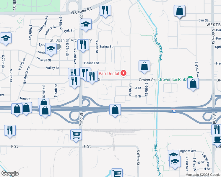 map of restaurants, bars, coffee shops, grocery stores, and more near 3608 South 69th Plaza in Omaha