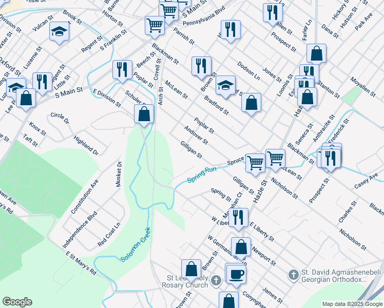 map of restaurants, bars, coffee shops, grocery stores, and more near 87 Gilligan Street in Wilkes-Barre