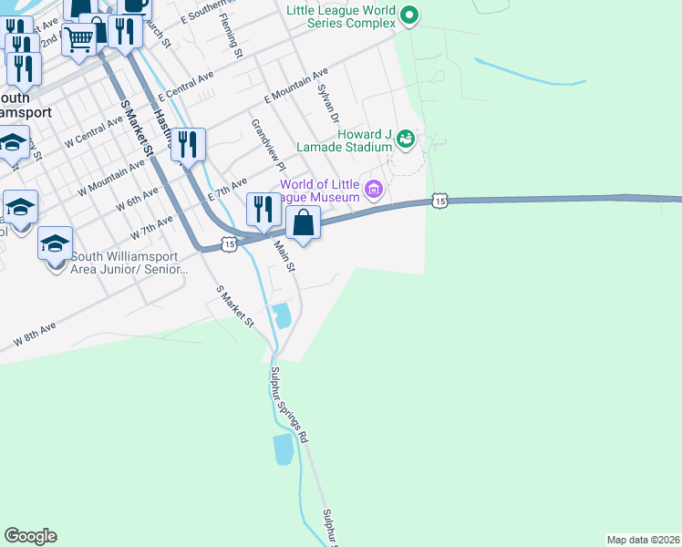 map of restaurants, bars, coffee shops, grocery stores, and more near 886-1198 Main Street in South Williamsport