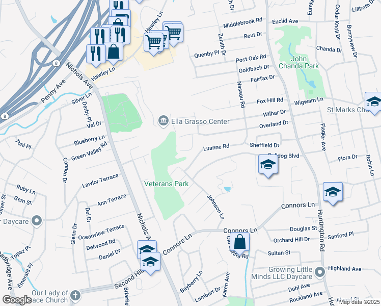 map of restaurants, bars, coffee shops, grocery stores, and more near 105 Walker Drive in Stratford