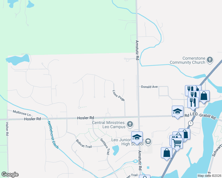 map of restaurants, bars, coffee shops, grocery stores, and more near 15303 Lions Psge in Leo