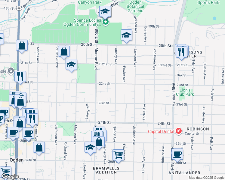map of restaurants, bars, coffee shops, grocery stores, and more near 2231 Quincy Avenue in Ogden