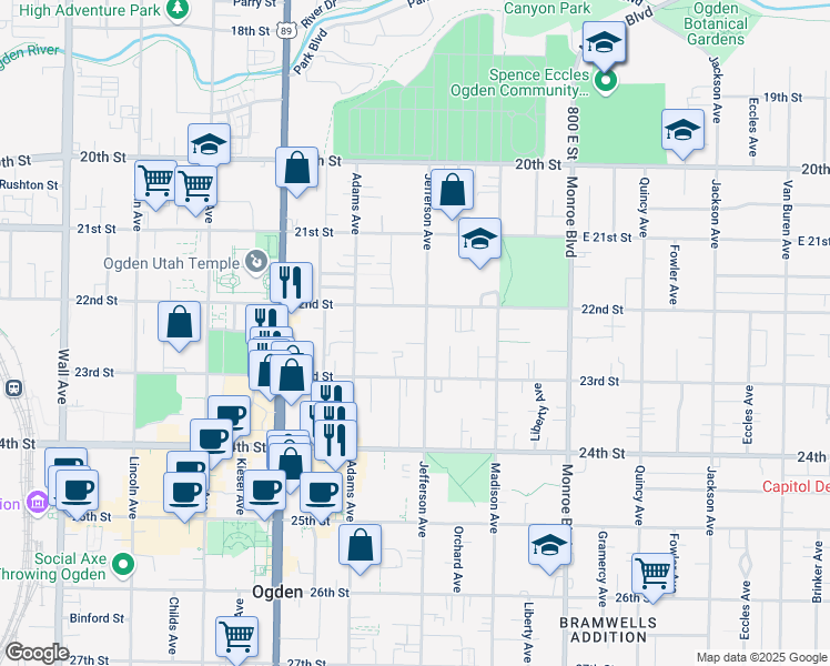 map of restaurants, bars, coffee shops, grocery stores, and more near 2238 Jefferson Avenue in Ogden