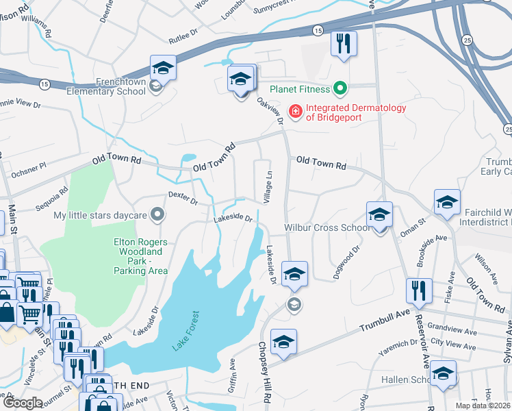 map of restaurants, bars, coffee shops, grocery stores, and more near 90 Village Lane in Bridgeport