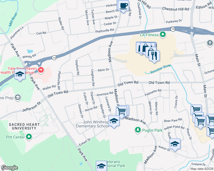 map of restaurants, bars, coffee shops, grocery stores, and more near 3432 Old Town Road in Bridgeport