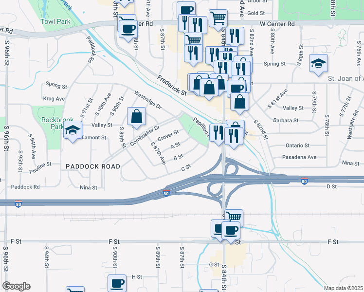 map of restaurants, bars, coffee shops, grocery stores, and more near 8518 B Street in Omaha
