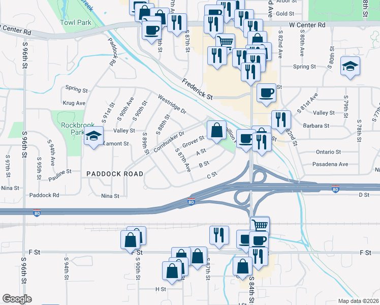 map of restaurants, bars, coffee shops, grocery stores, and more near 8706 A Street in Omaha