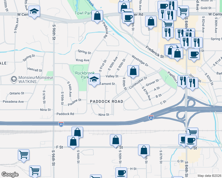 map of restaurants, bars, coffee shops, grocery stores, and more near 9012 Ontario Cir in Omaha