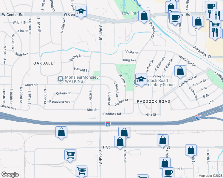 map of restaurants, bars, coffee shops, grocery stores, and more near 3516 South 94th Avenue in Omaha