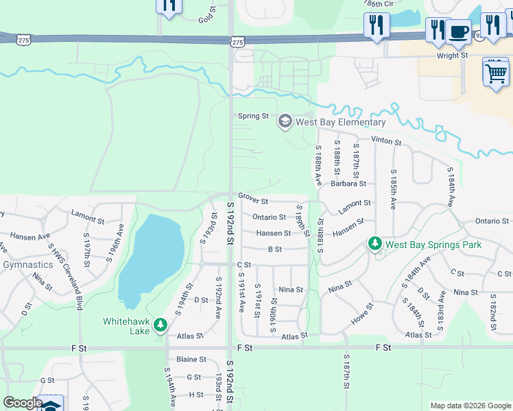 map of restaurants, bars, coffee shops, grocery stores, and more near 19034 Ontario Street in Omaha
