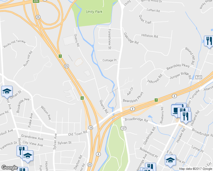 map of restaurants, bars, coffee shops, grocery stores, and more near 36 Trumbull Road in Trumbull