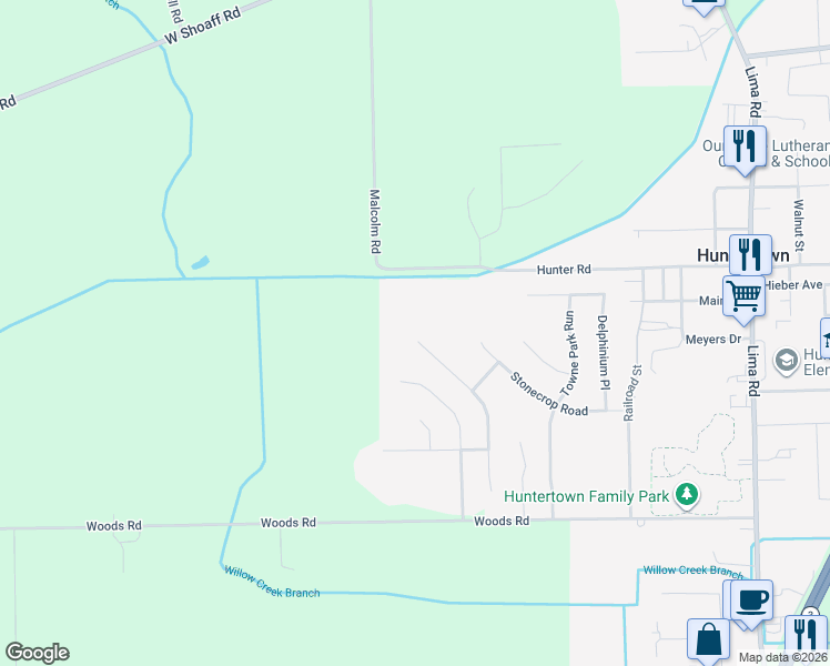 map of restaurants, bars, coffee shops, grocery stores, and more near 15492 Bears Breech Court in Huntertown