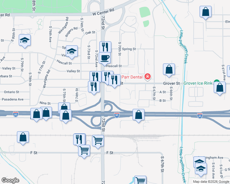 map of restaurants, bars, coffee shops, grocery stores, and more near 7007 Grover Street in Omaha