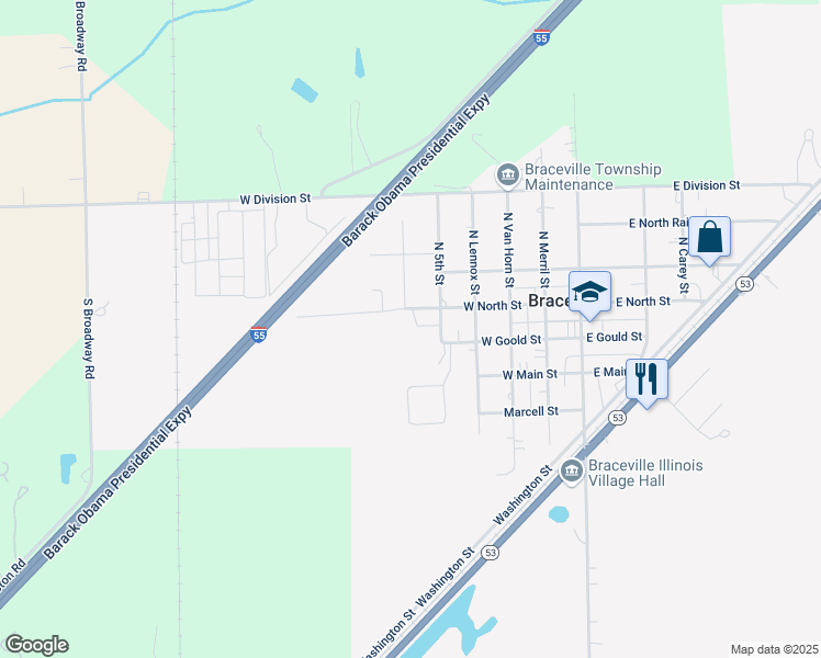 map of restaurants, bars, coffee shops, grocery stores, and more near 210 North 5th Street in Braceville