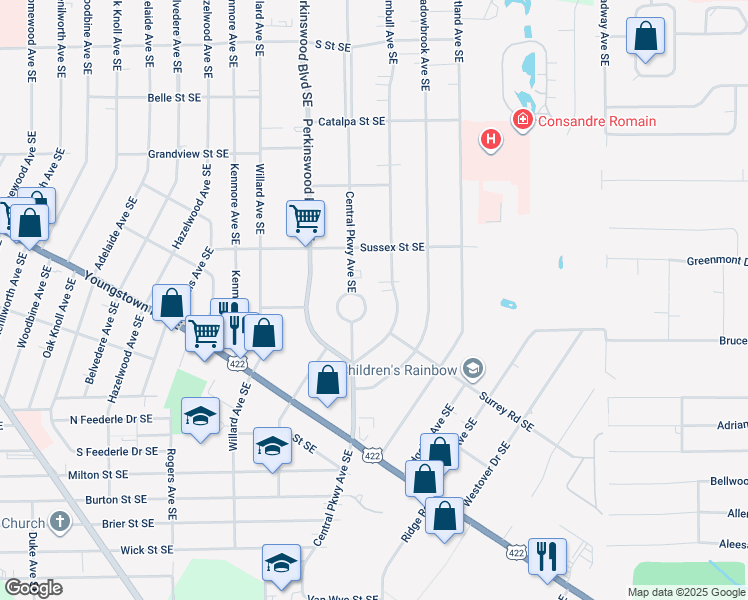 map of restaurants, bars, coffee shops, grocery stores, and more near 1141 Central Parkway Avenue Southeast in Warren