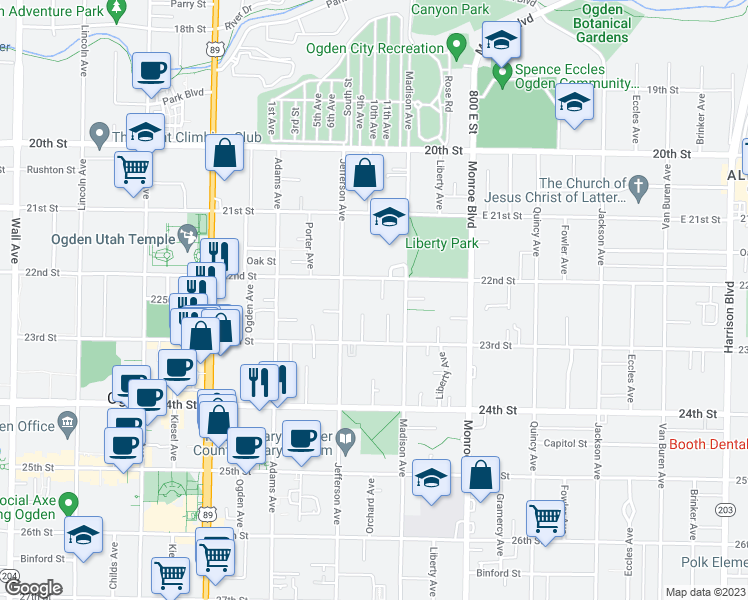 map of restaurants, bars, coffee shops, grocery stores, and more near 643 22nd Street in Ogden
