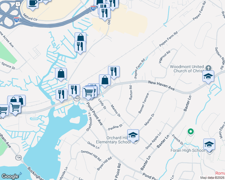 map of restaurants, bars, coffee shops, grocery stores, and more near 25 Morris Lane in Milford