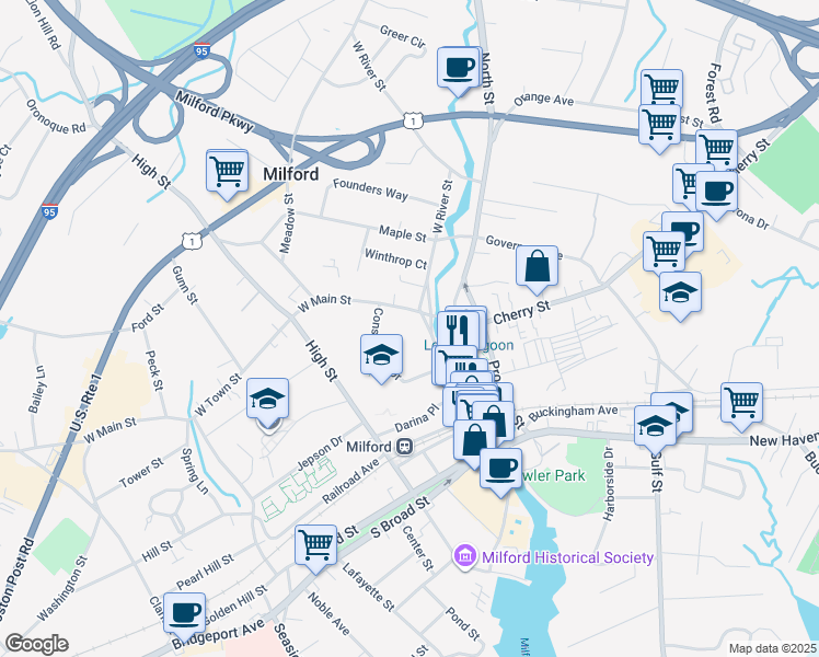 map of restaurants, bars, coffee shops, grocery stores, and more near 70 West River Street in Milford