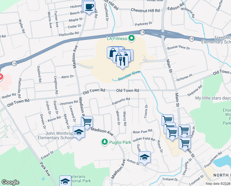 map of restaurants, bars, coffee shops, grocery stores, and more near 3105A Old Town Road in Bridgeport