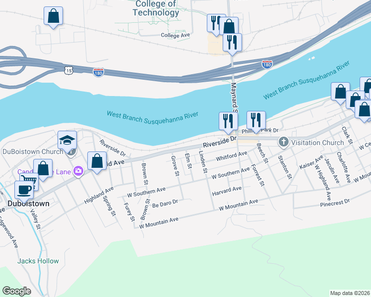 map of restaurants, bars, coffee shops, grocery stores, and more near 2201 Riverside Drive in South Williamsport