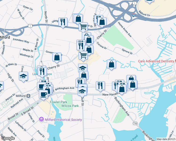 map of restaurants, bars, coffee shops, grocery stores, and more near 72 Gulf Street in Milford