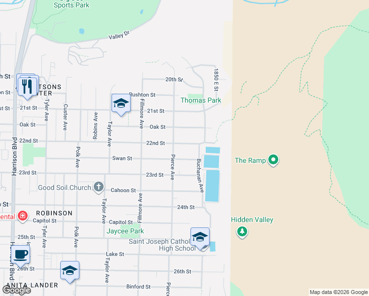 map of restaurants, bars, coffee shops, grocery stores, and more near 1731 East 22nd Street in Ogden