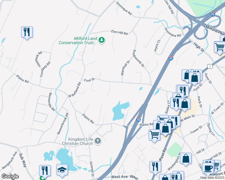 map of restaurants, bars, coffee shops, grocery stores, and more near 21 Rockwood Court in Milford